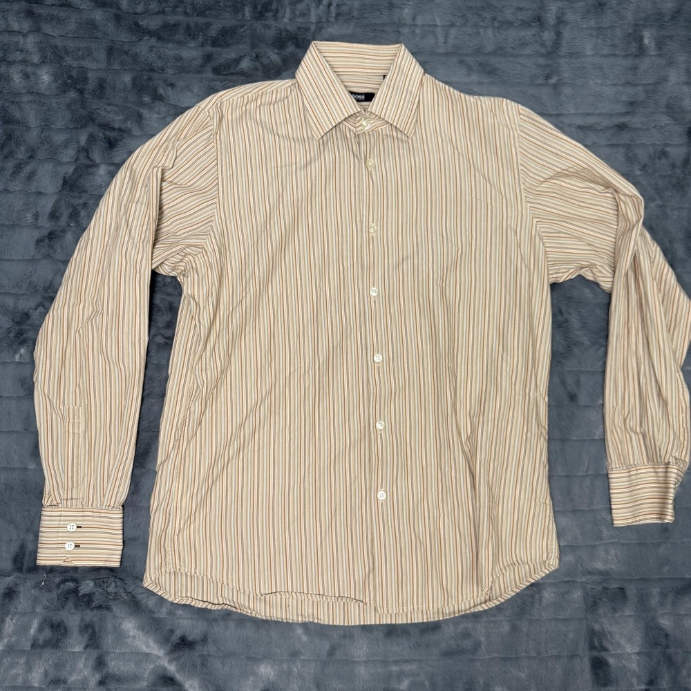 Boss Hugo Boss Dress Shirt Mens 16.5 Beige Stripe Long Sleeve Business Casual